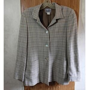 Vntg David N Silk Blazer Abalone Button Neutral Plaid Academia Quietlux Size M